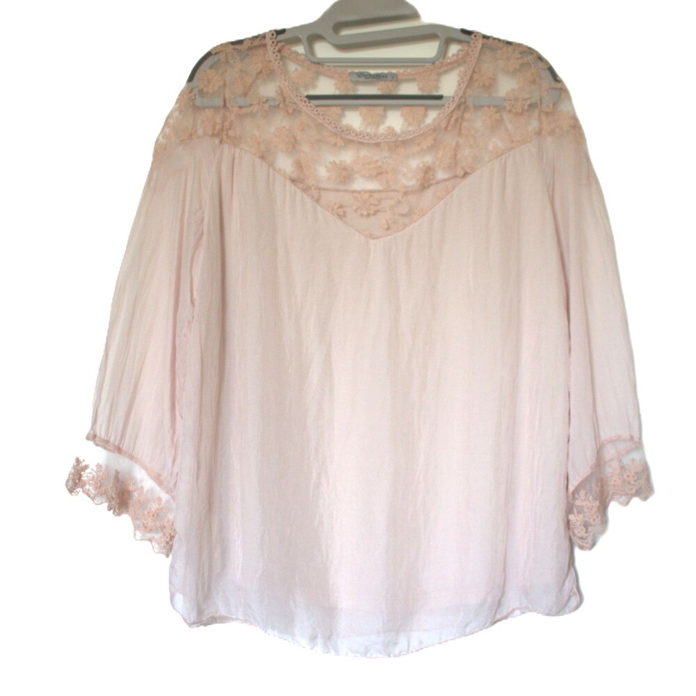 Elena Baldi Silk Blouse Chiffon Lace 3/4 Sleeves Blush Pink Lined Italy Sz S‎